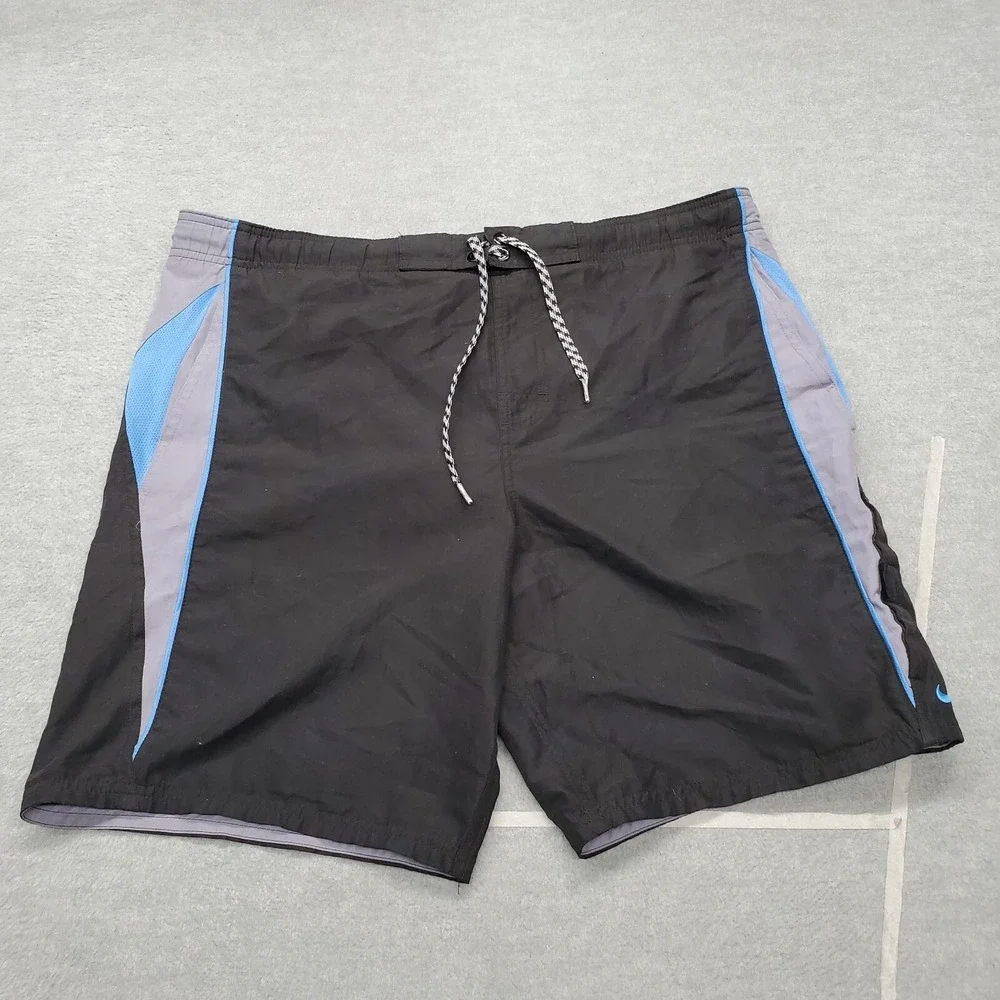 Nike Men Swimwear‎ Medium Black Colorblock Board Shorts Swoosh Logo Drawstring
